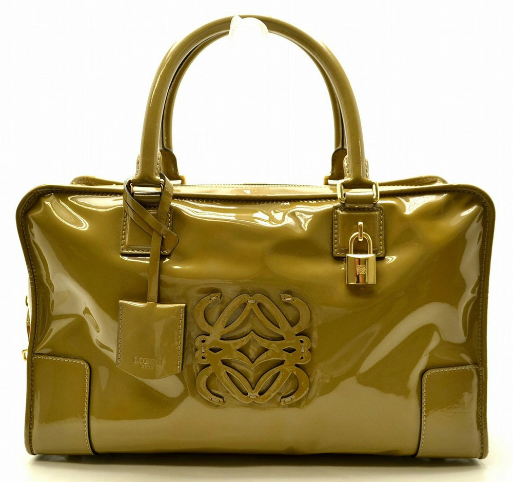 Loewe Amazona Handbag Boston Enamel Leather Patent Vernis Khaki Green